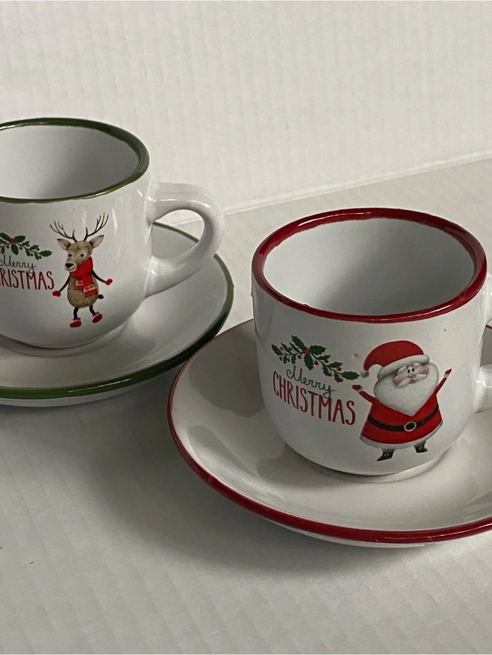 Christmas Cappuccino Mug 2 Cup And Saucer Sets Red Green Santa Reindeer Bruntmor